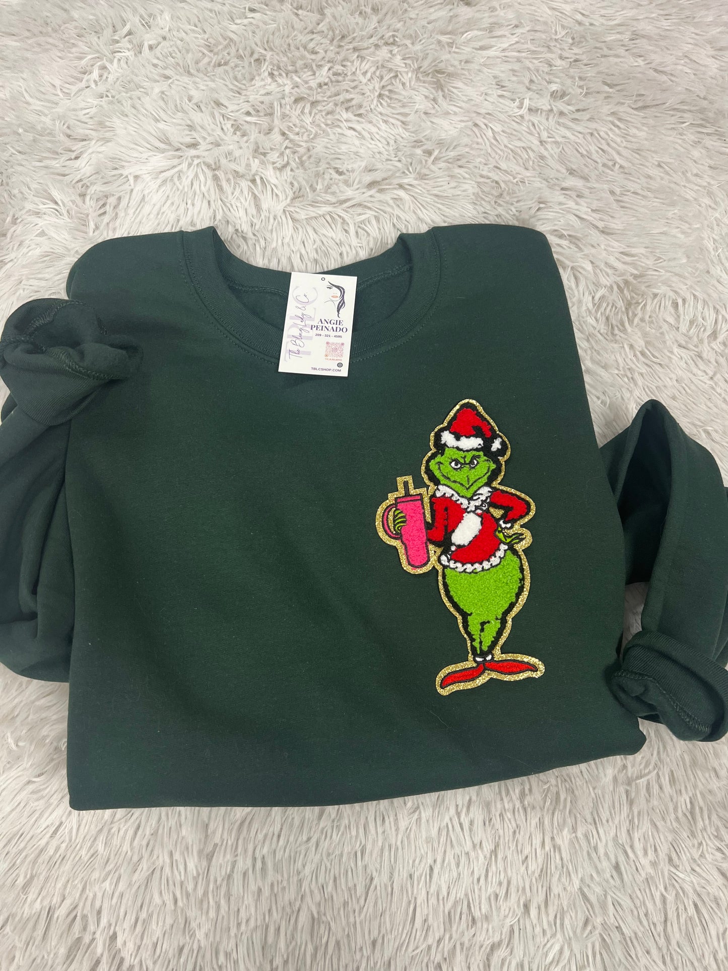 Boujee Grinch patch-dark green sweatshirt