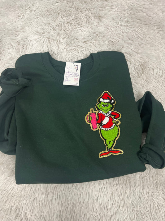 Boujee Grinch patch-dark green sweatshirt