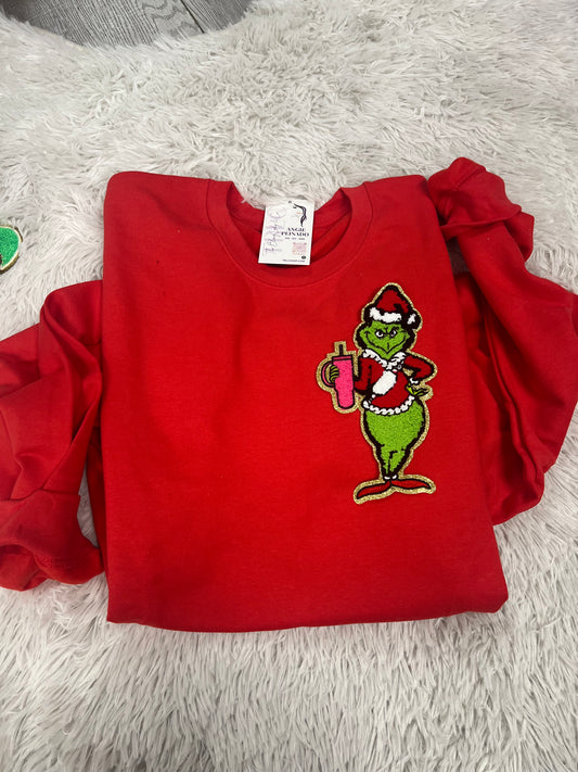 Boujee Grinch patch- red sweatshirt