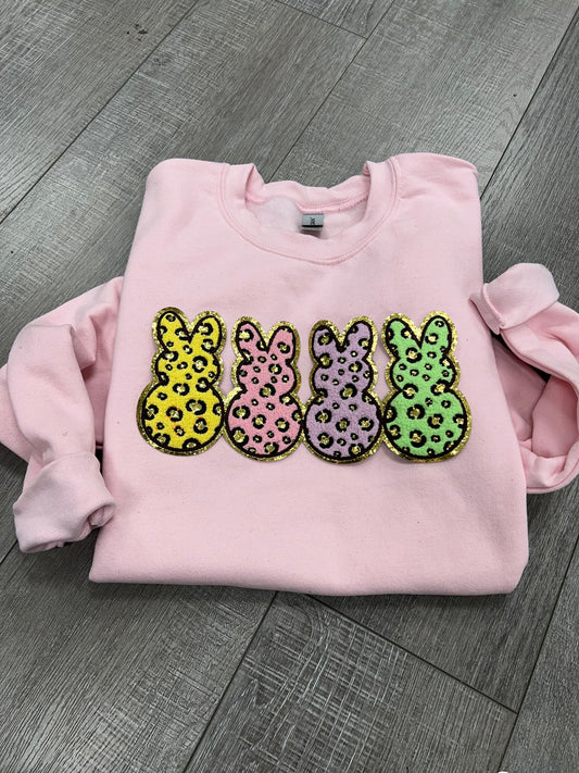 Peeps chenille patch pink sweatshirt