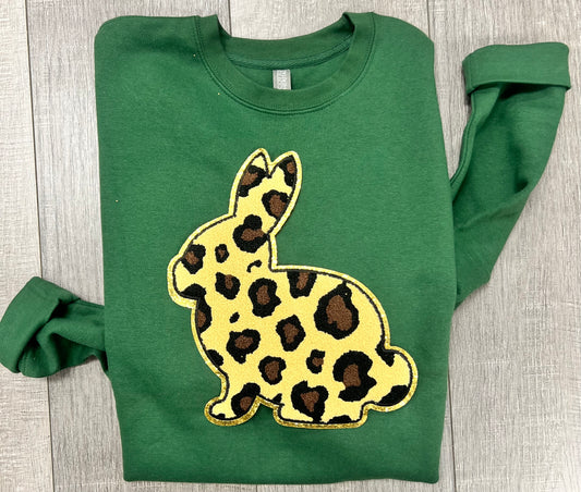 Cheetah Bunny chenille patch green sweatshirt