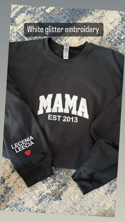 Mama Est white glitter embroidered crew sweatshirt