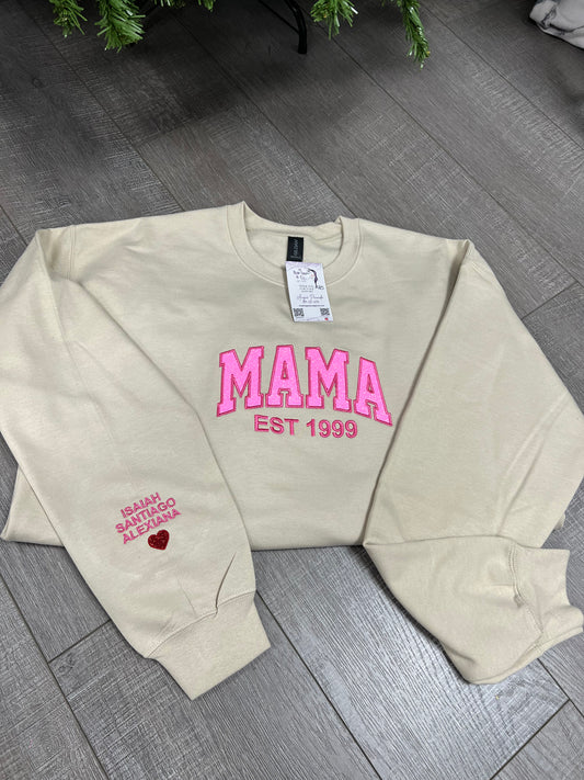 Mama Est neon pink glitter embroidered crew sweatshirt