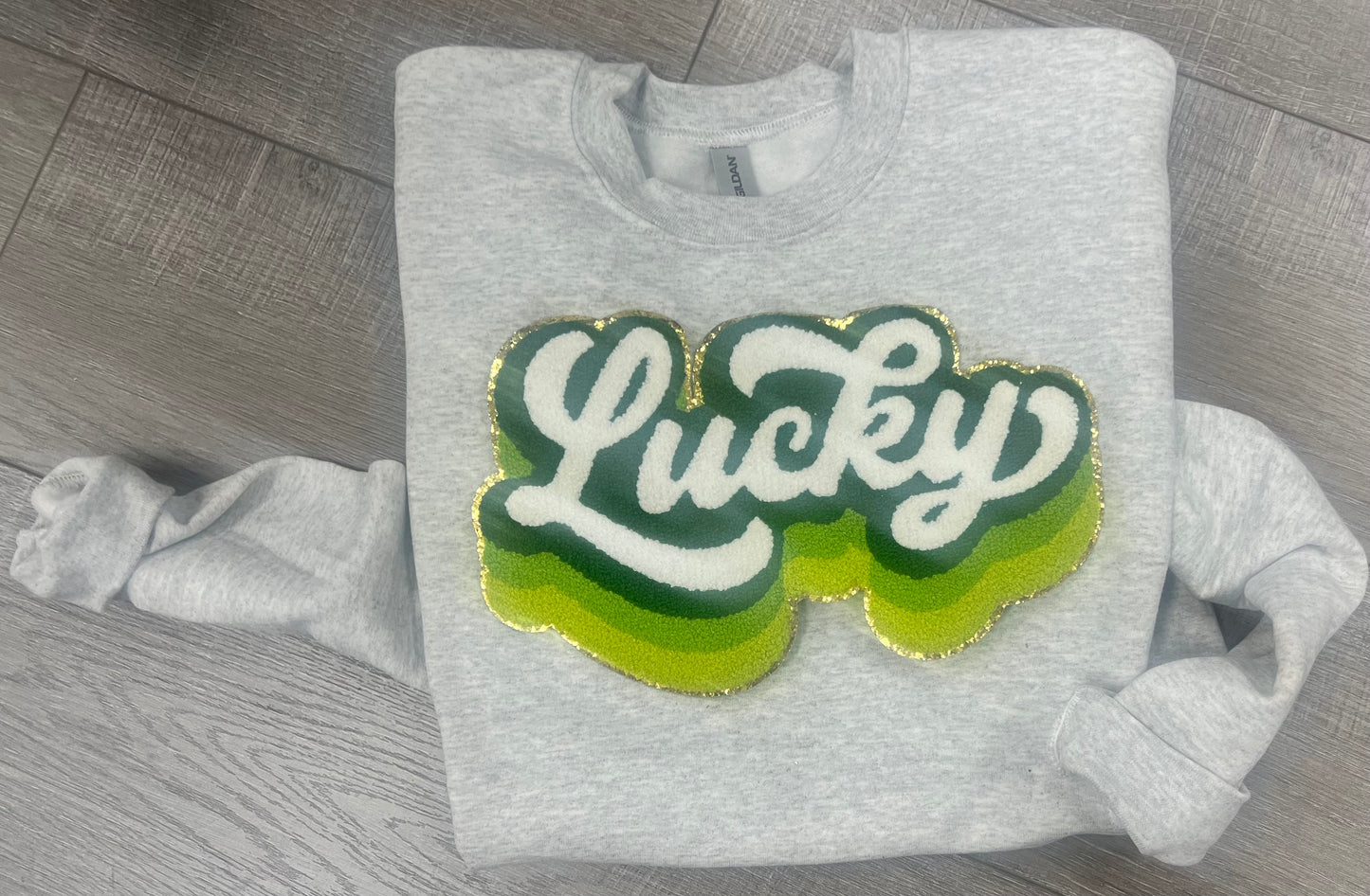 Lucky Multi Green colored Chenille Patch sweatshirt