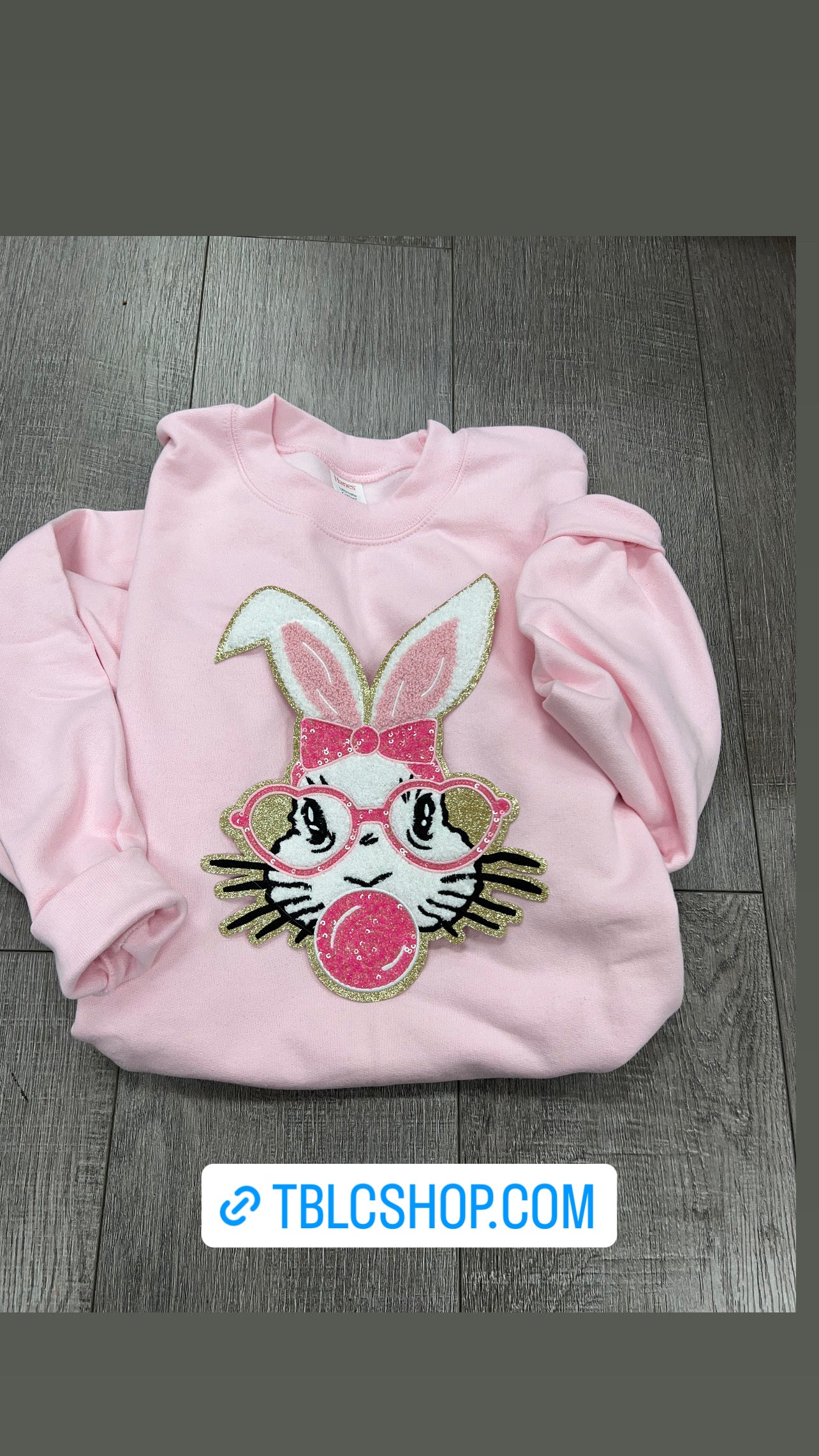 Bubble gum bunny chenille patch sweatshirt