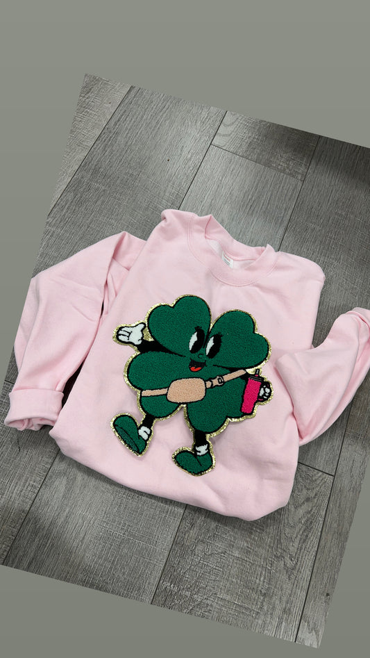 Boujee Clover chenille patch pink sweatshirt