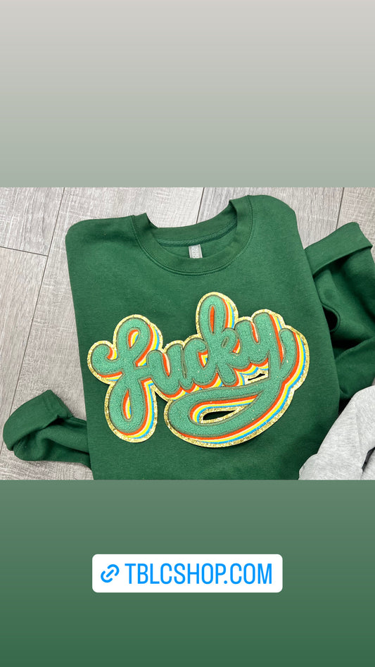 Lucky multi colored chenille patch sweatshirt
