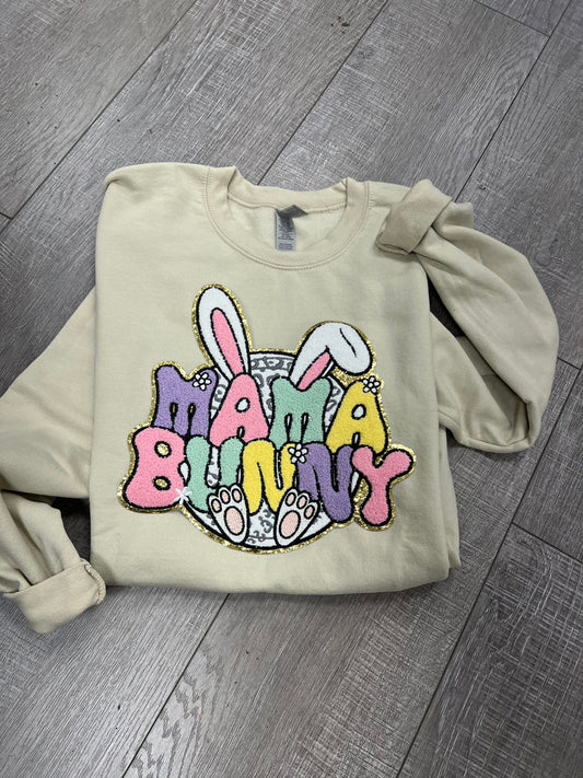 Mama Bunny tan chenille patch sweatshirt