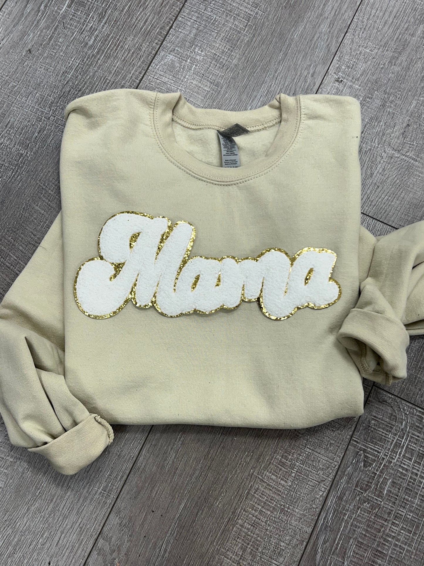 Mama white w gold Chenille Patch sweatshirt